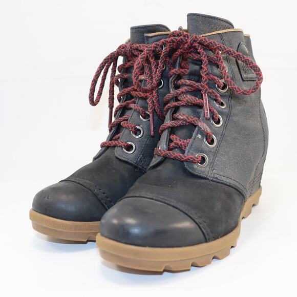 Sorel Women’s Black Lace-Up Boots Size 9W Waterproof Leather & Canvas - Picture 2 of 6